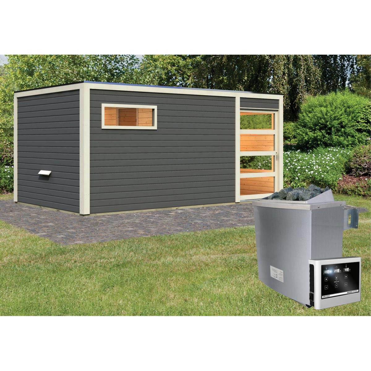 Karibu Saunahaus Hygge 38 mm 9 kW Ofen externe Strg Klarglas-Tür terragrau Bild 5
