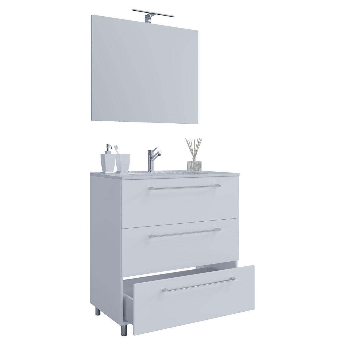 Stand-Waschplatz 60 cm 3-teilig 3 Schubfächer mit Spiegel weiß