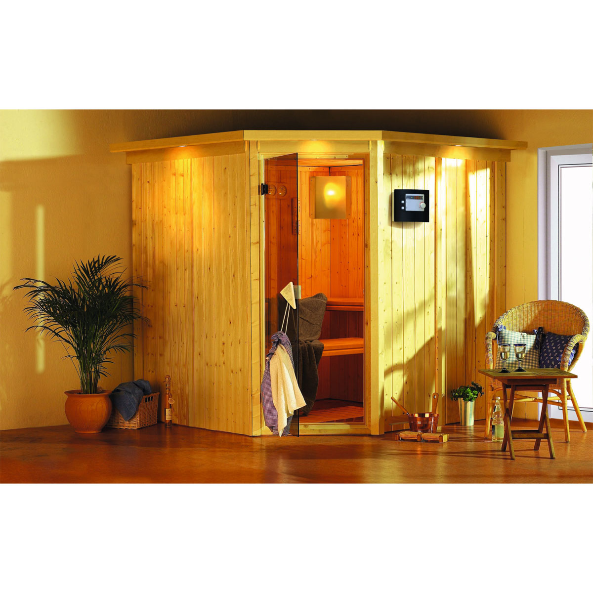 Karibu Systemsauna Jarin 68 mm 9 kW Ofen Bio externe Strg mit Dachkranz Bild 2