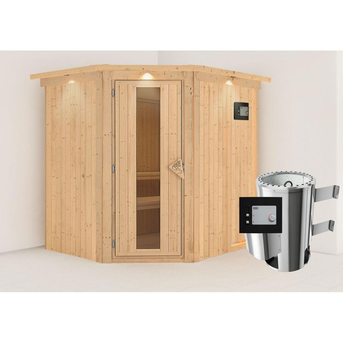 Karibu Sauna Lilja Eckeinstieg 3,6 kW Ofen externe Strg mit Kranz Energiespartür Bild 7