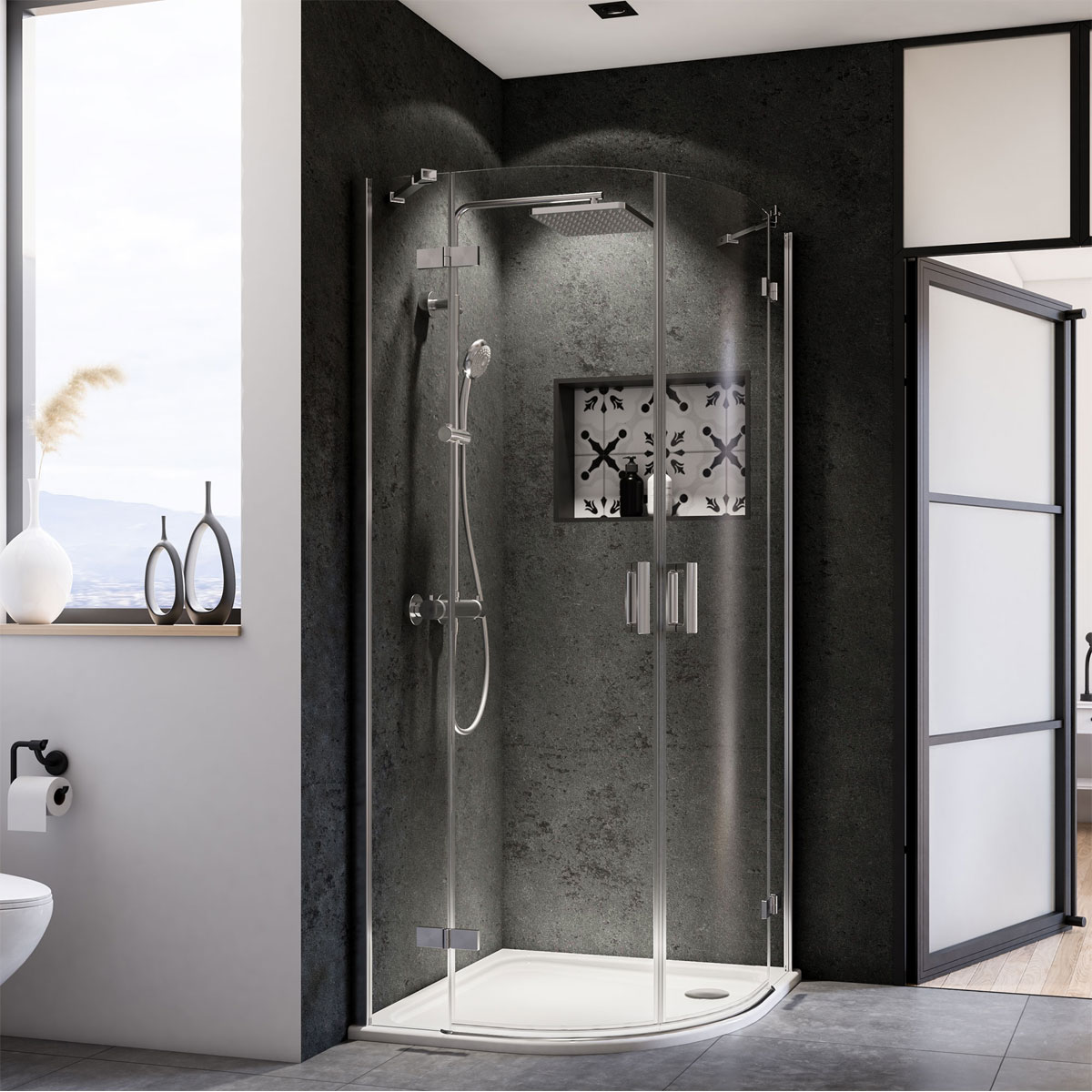 Breuer Runddusche Panorama Drehtür 4-teilig Radius 550 Alu chromeffekt Klarglas 800/900 mm