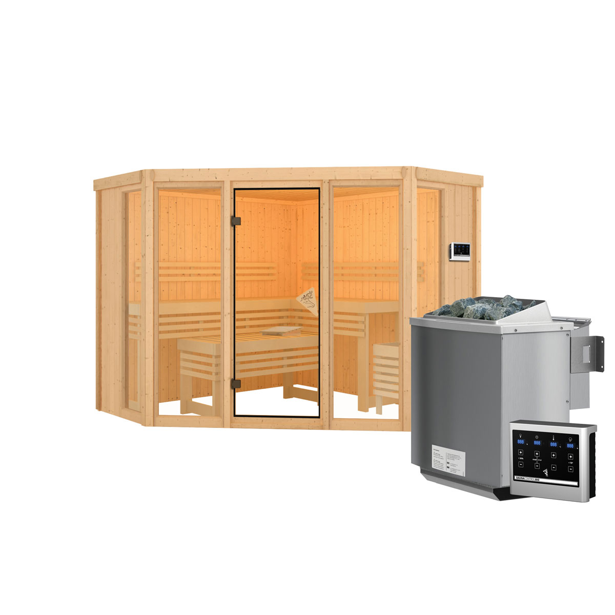 Karibu Sauna Alcinda 2 naturbelassen Bio externe Steuerung ohne Dachkranz Bild 3