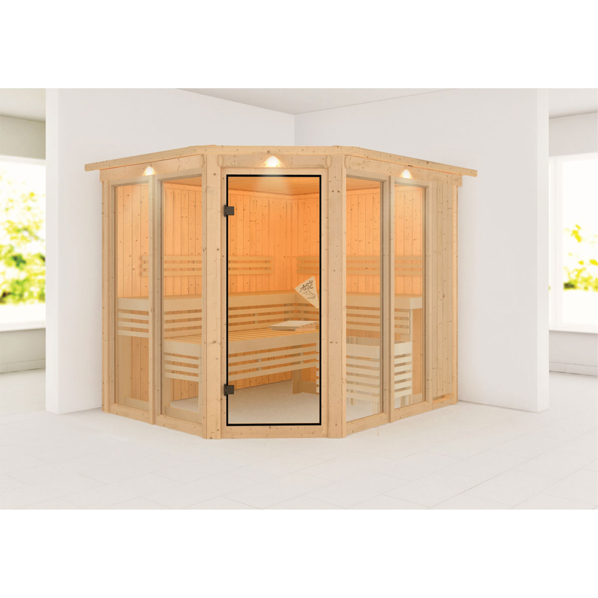 Karibu Sauna Ainur 3 mit Kranz naturbelassen ohne Ofen