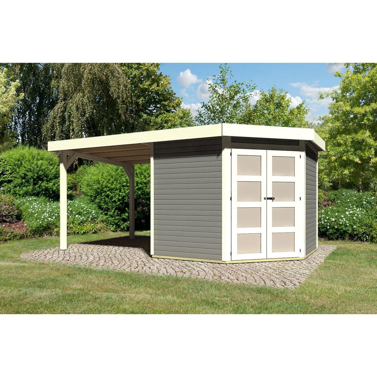 Karibu Gartenhaus Goldendorf 3/5 mit Anbaudach 220 cm 246 x 242 x 218 cm grau