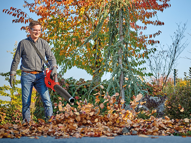 Mann mit Laubbläser im Garten mit Laub