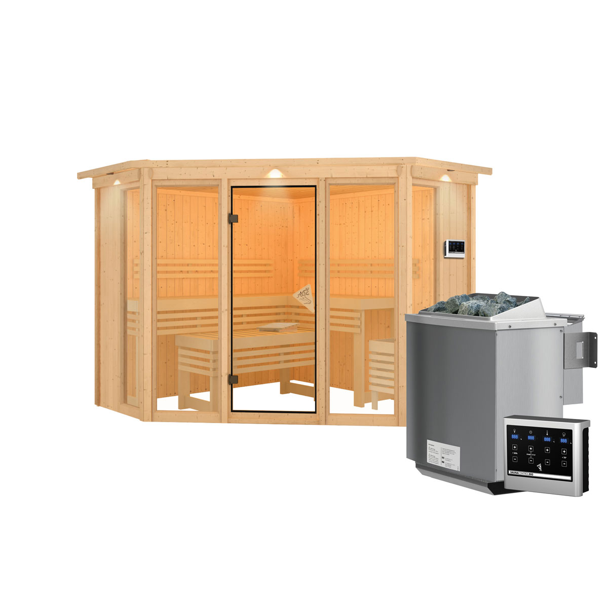 Karibu Sauna Alcinda 2 mit Kranz naturbelassen Bio externe Steuerung Bild 3