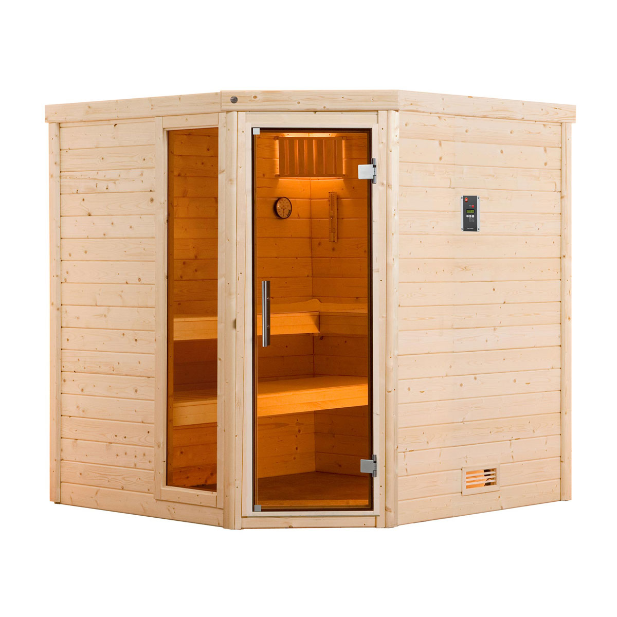 Weka Premium Massivholz-Sauna TURKU Eck Größe 2 Sparset 7,5 kW Bio S Glastuer