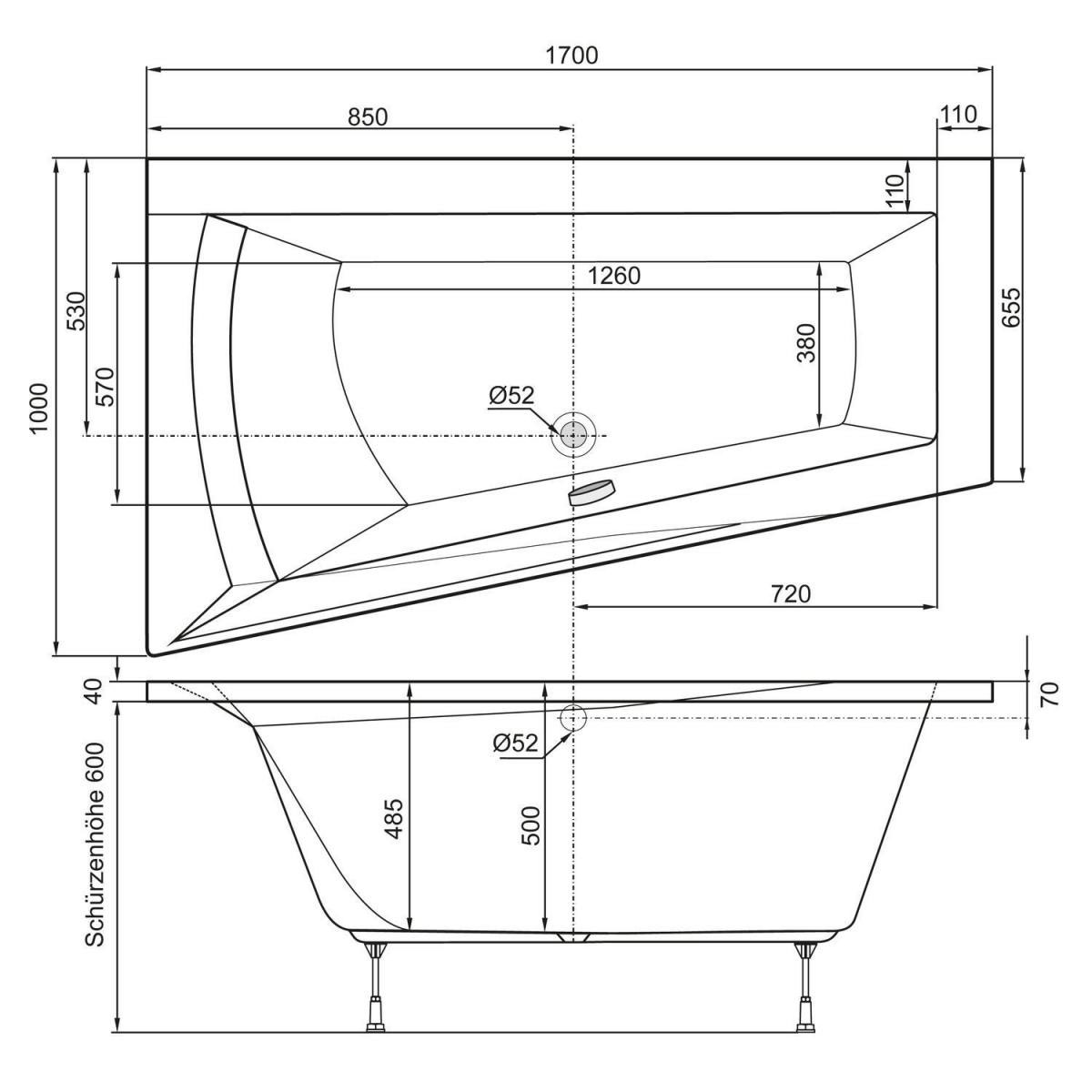 Ottofond Badewanne Galia I Modell B 170 x 100 x 65,5 cm weiß Bild 3