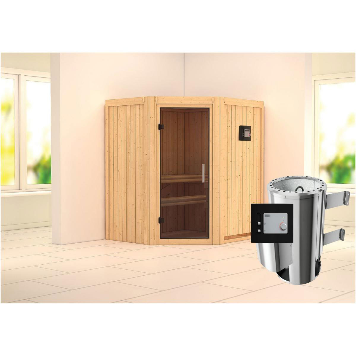 Karibu Sauna Tonja Eckeinstieg 3,6 kW Ofen externe Strg modern kein Kranz Energiespartür Bild 6