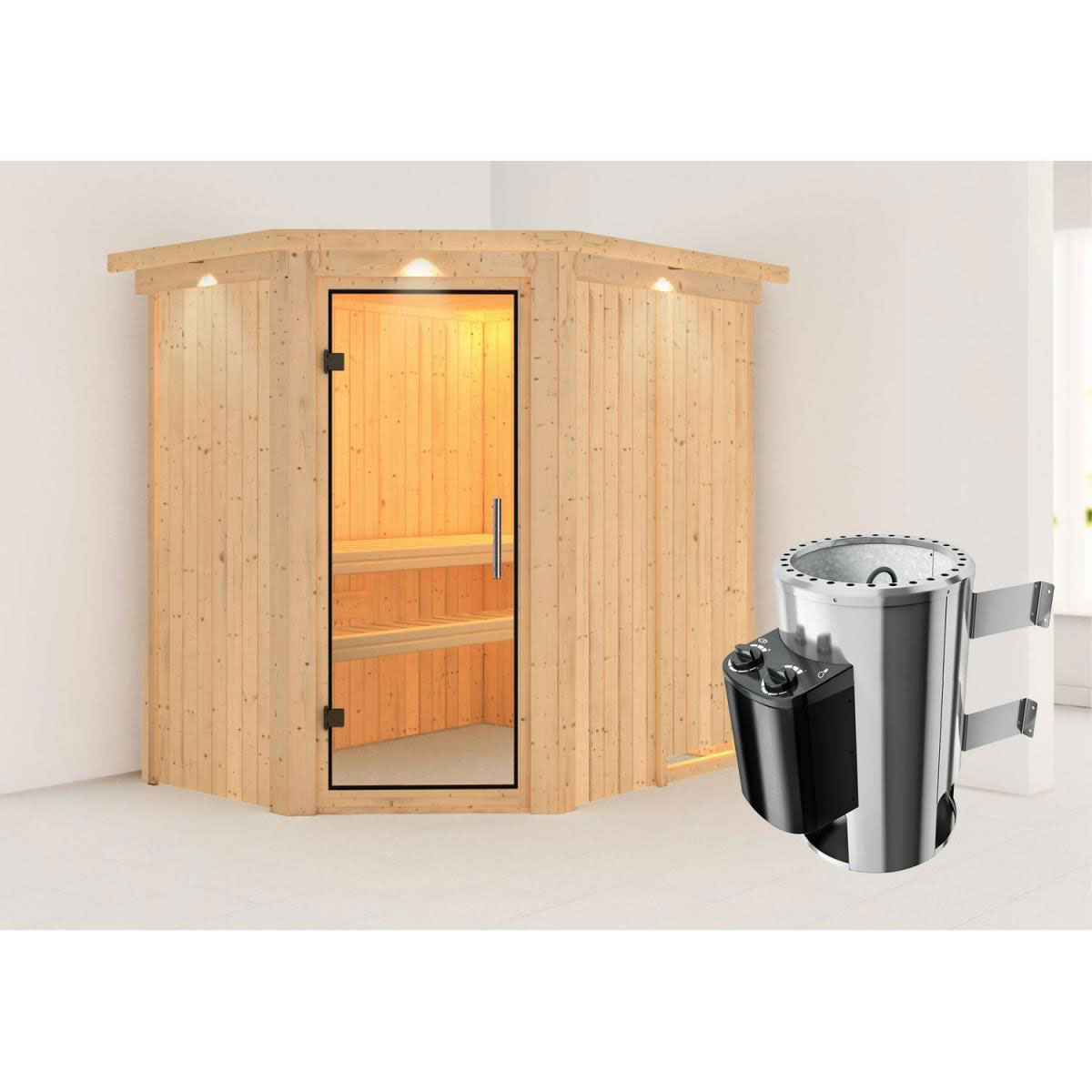 Karibu Sauna Saja Eckeinstieg 3,6 kW Ofen integr Strg mit Kranz Klarglas-Tür Bild 6