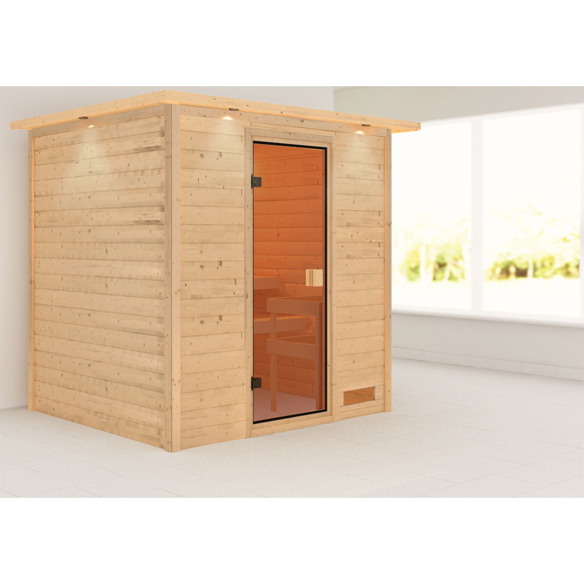 Karibu Sauna Adelina mit Kranz naturbelassen ohne Ofen