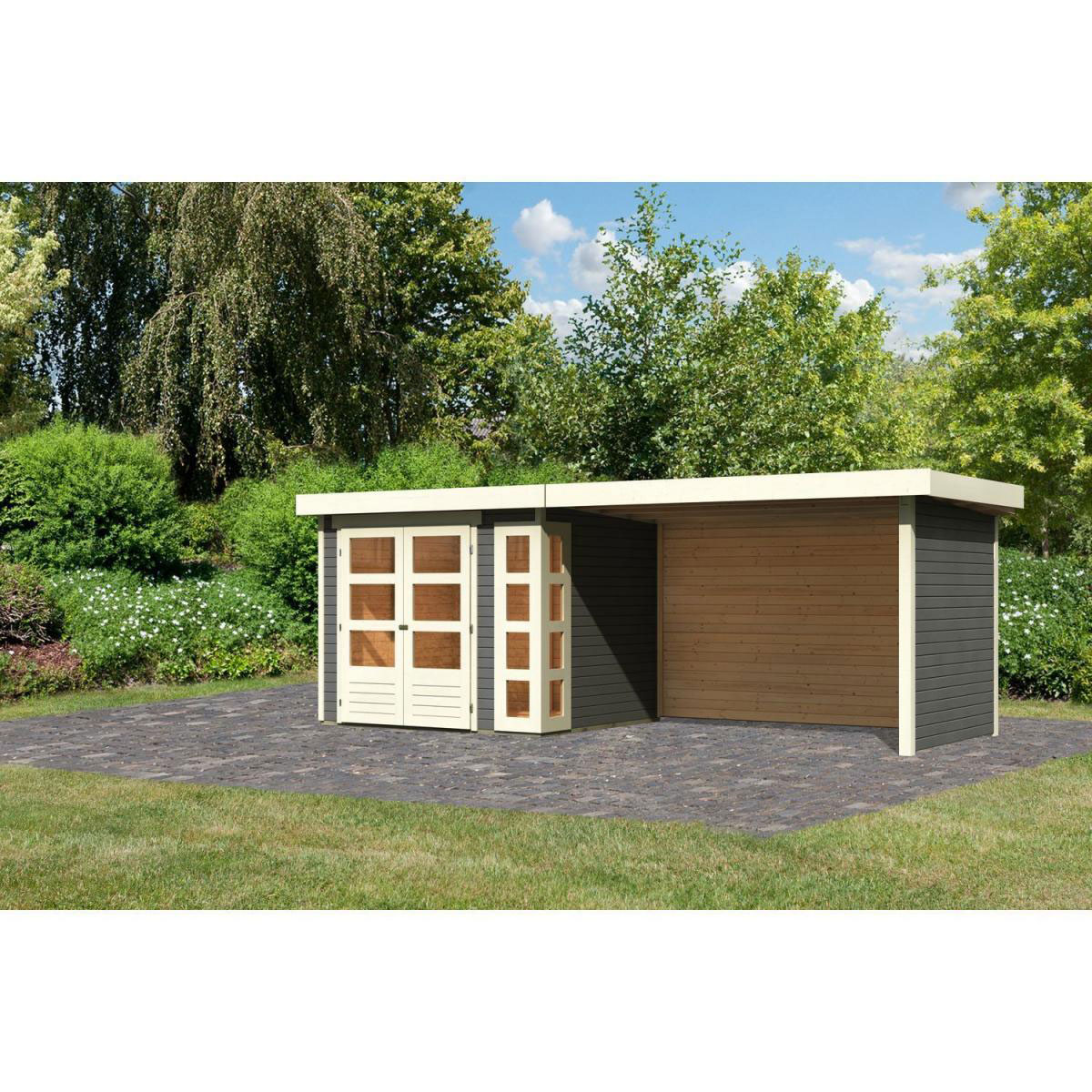 Karibu Gartenhaus-Set Kerko 3 mit Anbaudach 2,8 m mit Seiten- und Rückwand terragrau Bild 1