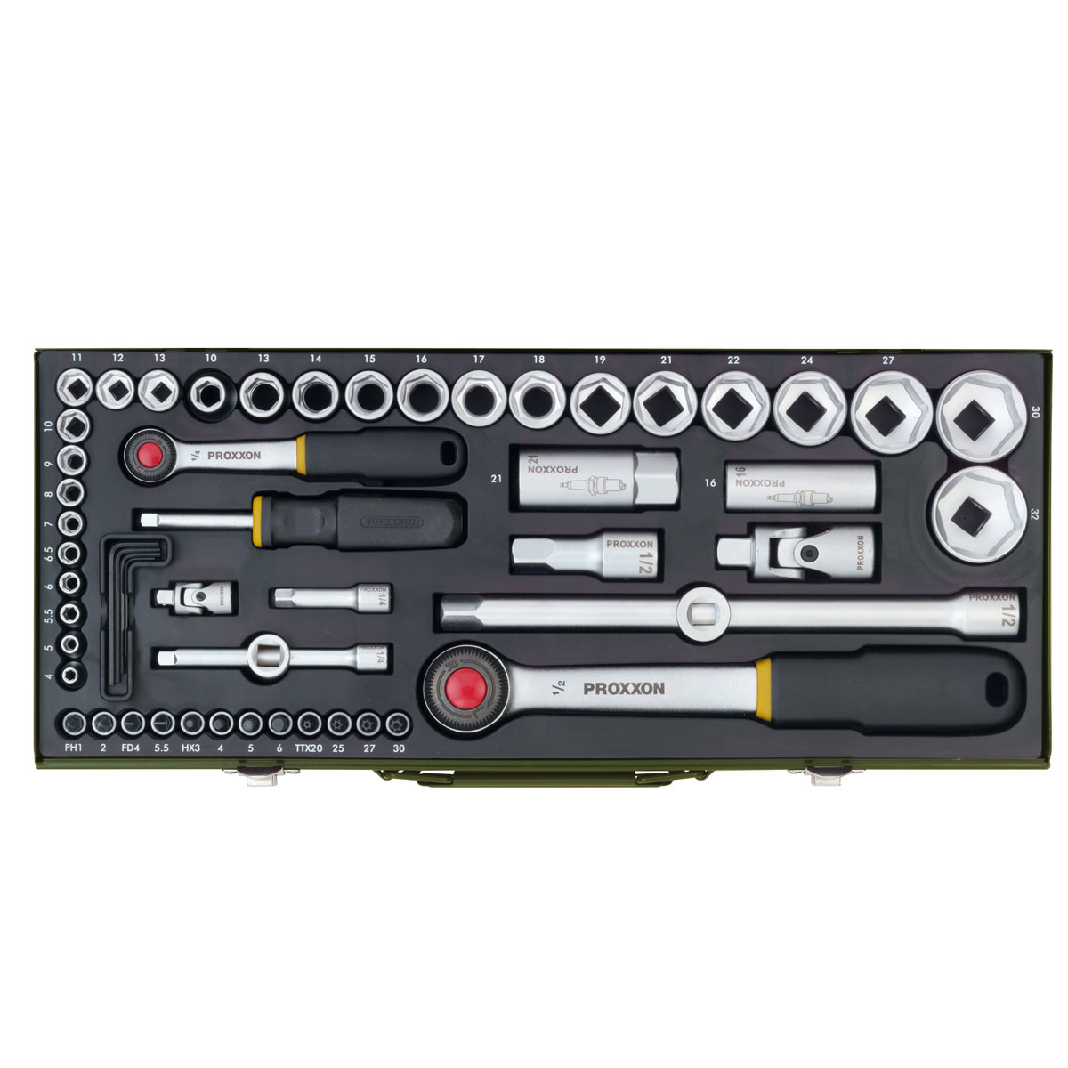 Proxxon Industrial Steckschlüssel-Satz 1/4 und 1/2 Zoll 56-teilig