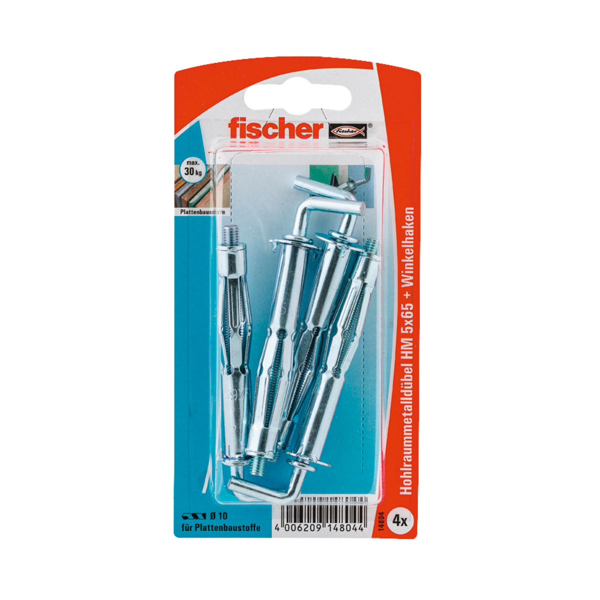 Fischer  Hohlraum-Metalldübel HM 5 x 65 mm mit Winkelhaken 4 Stück Fischer  Hohlraum-Metalldübel HM 5 x 65 mm mit Winkelhaken 4 Stück