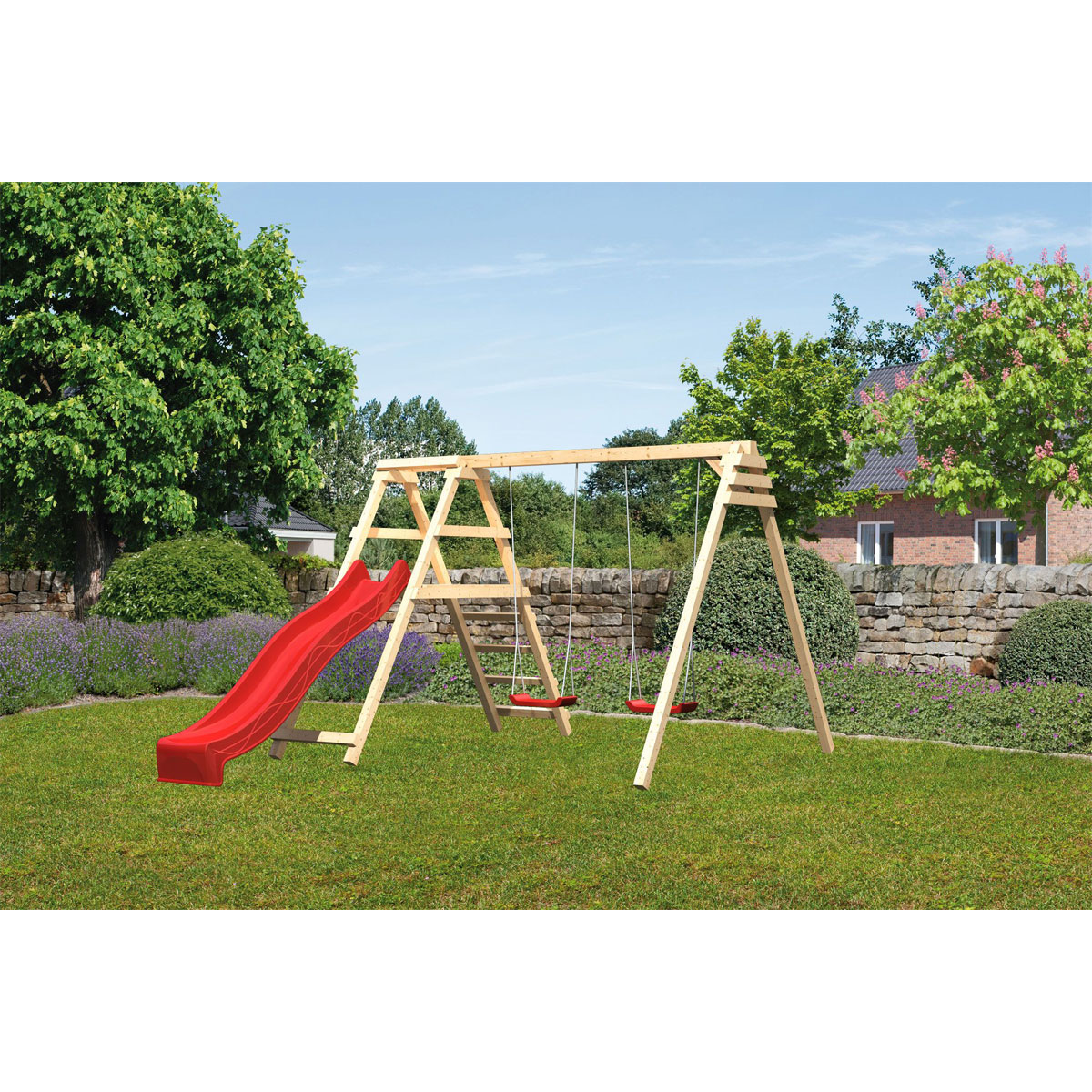 Karibu Schaukelset mit Klettergerüst naturbelassen inkl Rutsche rot Bild 1
