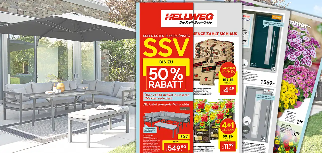 Rotes Hellweg Prospekt aufgeklappt, im Hintergrund eine Gartenlounge und ein Sonnenschirm auf einer Terrasse