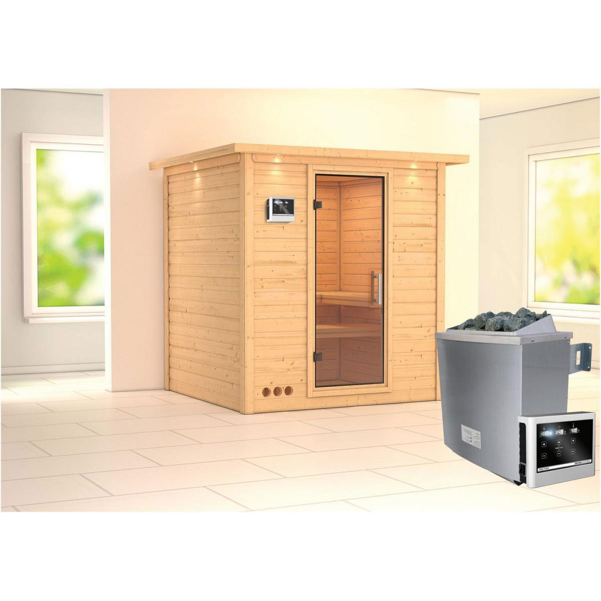 Karibu Sauna Mojave Fronteinstieg 9 kW Ofen externe Strg mit Kranz Klarglas-Tür Bild 5