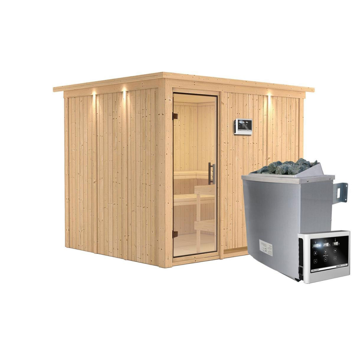 Karibu Sauna Gobin Fronteinstieg 9 kW Ofen externe Strg mit Kranz Klarglas-Tür Bild 1