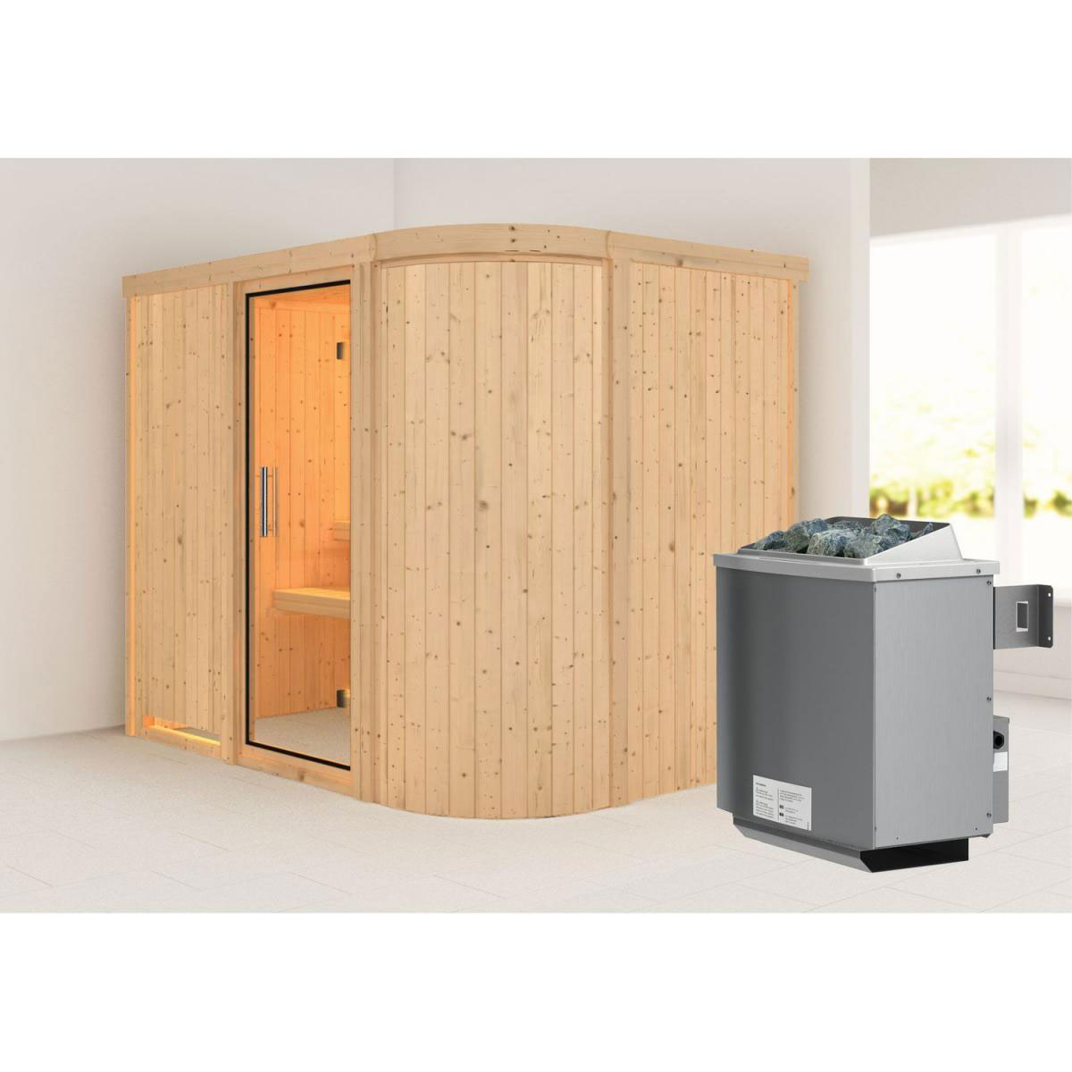 Karibu Sauna Titania 4 Fronteinstieg 9 kW Ofen integr Strg kein Kranz Klarglas-Tür Bild 5