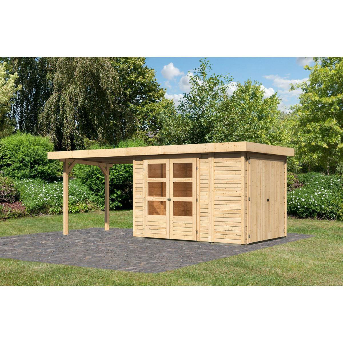 Karibu Gartenhaus Retola 2 inkl Anbauschrank und Anbaudach 2,80 Meter naturbelassen Bild 1