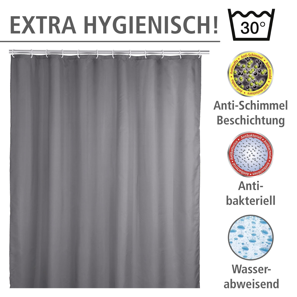 Wenko  Anti-Schimmel Duschvorhang Uni Grey Textil Polyester 180 x 200 cm waschbar Bild 3