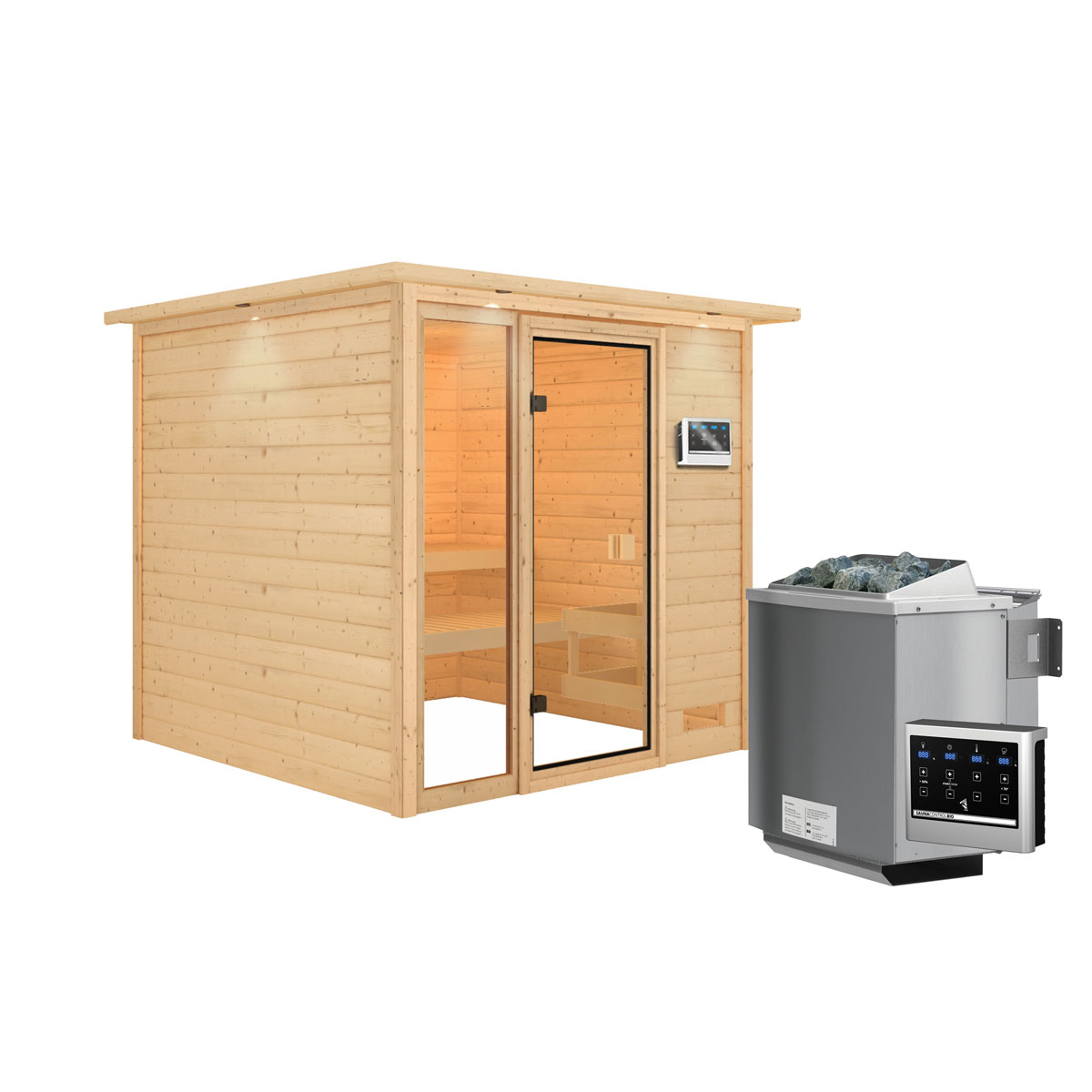 Karibu Sauna Jutta mit Kranz naturbelassen Bio externe Steuerung Bild 3