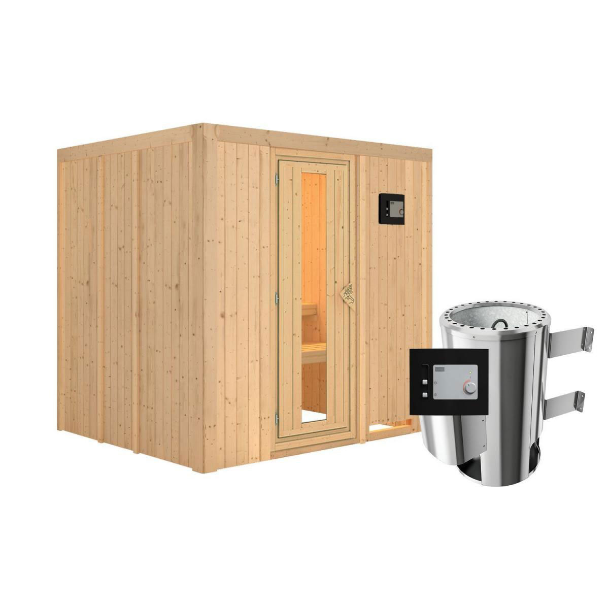 Karibu Sauna Daria Fronteinstieg 3,6 kW Ofen externe Strg modern kein Kranz Energiespartür