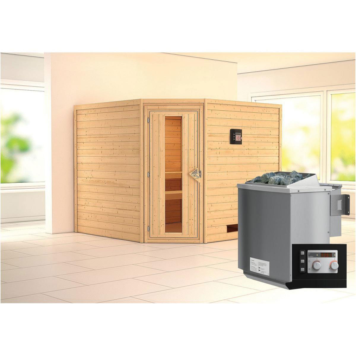 Karibu Sauna Leona Eckeinstieg 9 kW Bio Ofen externe Strg modern kein Kranz Energiespartür Bild 6