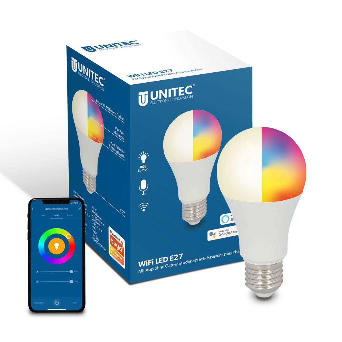 Unitec WIFI LED-Leuchtmittel Smart E27 10W RGB CCT dimmbar Bild 7