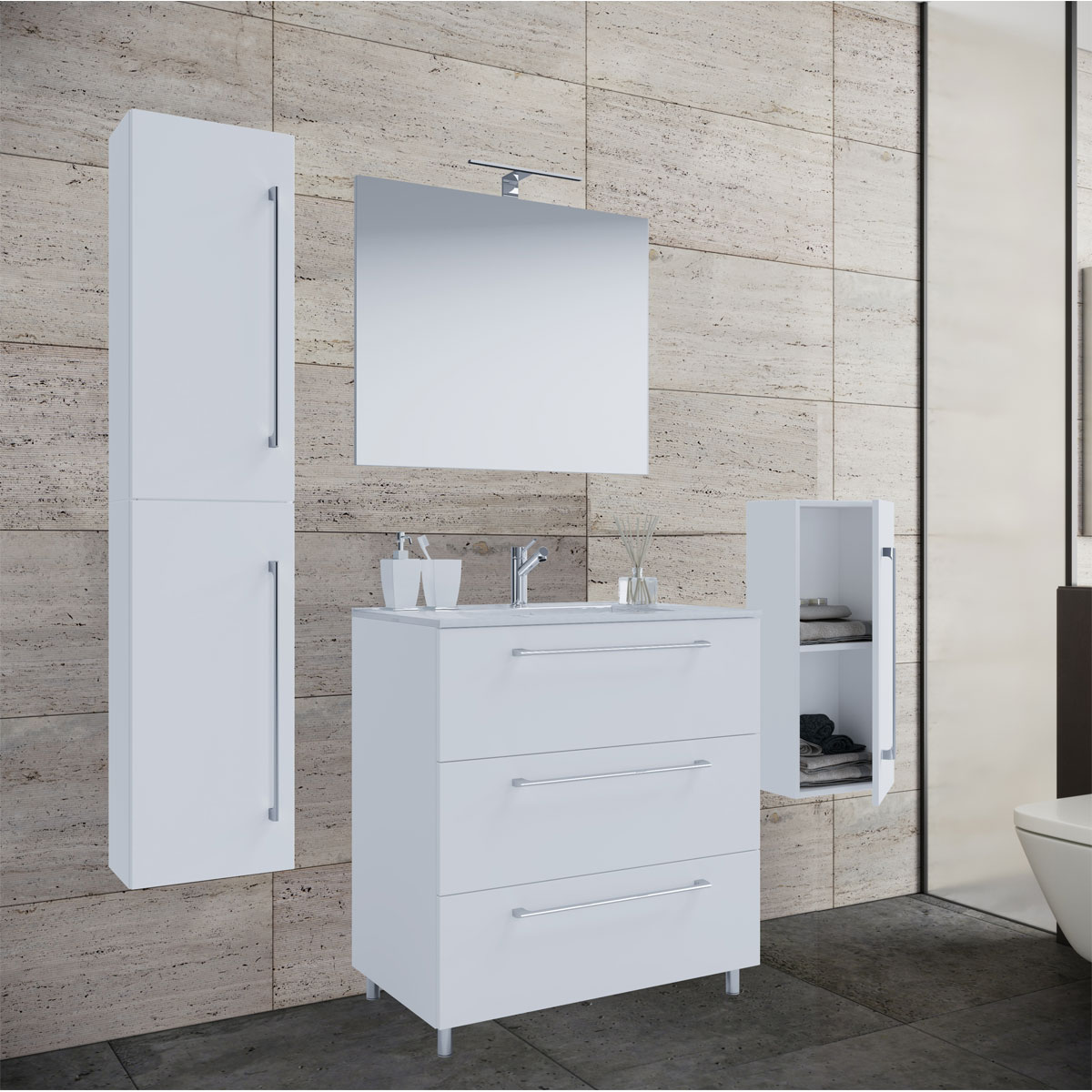 Stand-Waschplatz 80 cm 5-teiliges Set 3 Schubfächer mit Spiegel weiß