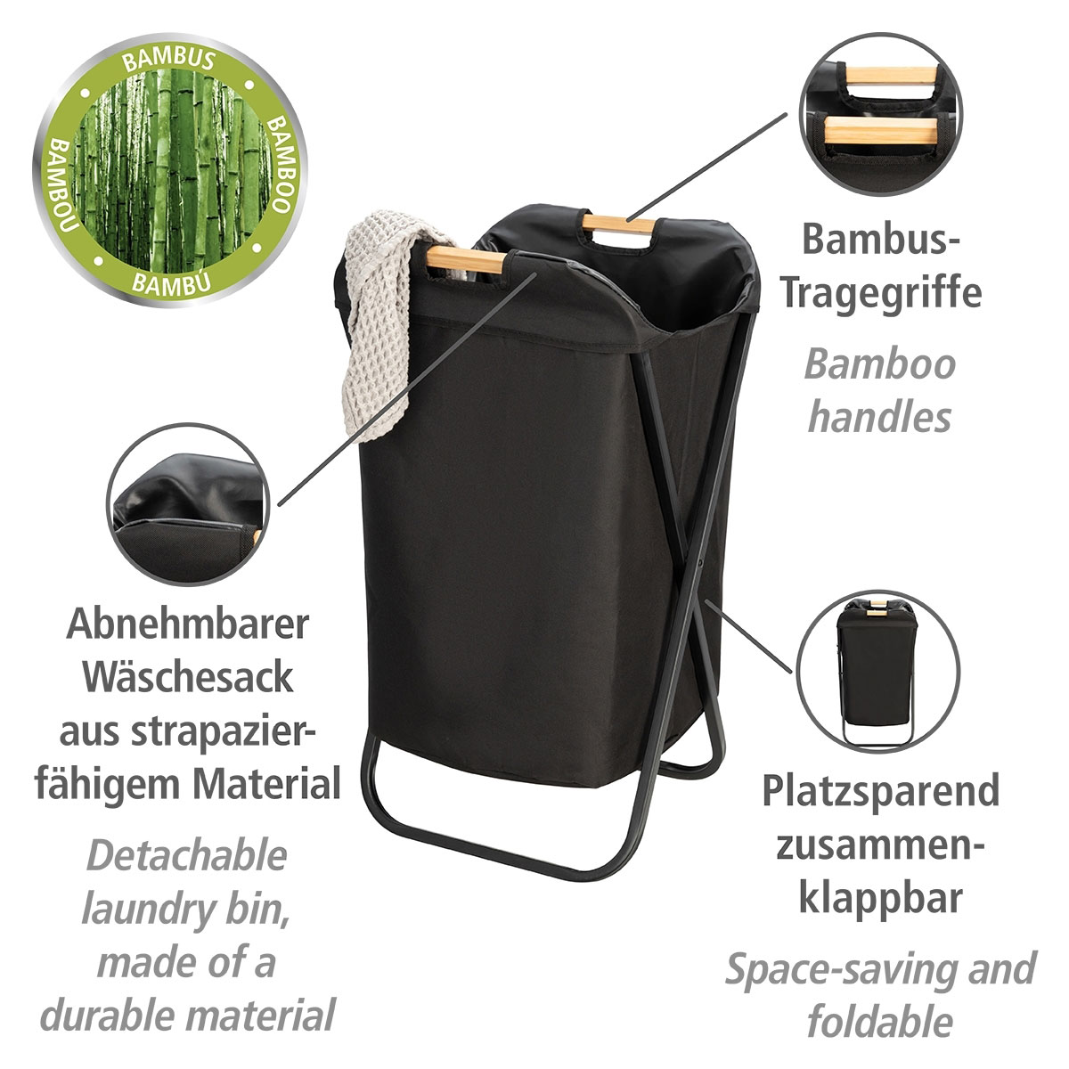 Wenko  Wäschesammler Loft Wäschesammler mit Bambus-Tragegriffen für bequemen Transport Bild 2