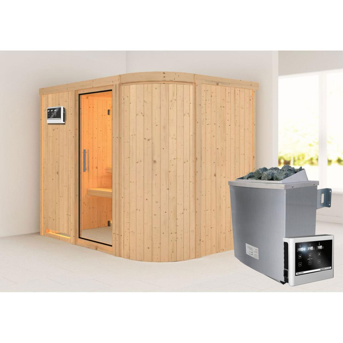 Karibu Sauna Titania 4 Fronteinstieg 9 kW Ofen externe Strg kein Kranz Klarglas-Tür Bild 6