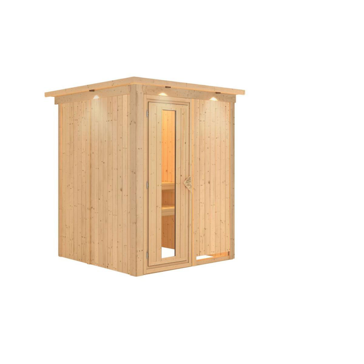 Karibu Sauna Minja Fronteinstieg ohne Ofen mit Kranz Energiespartür