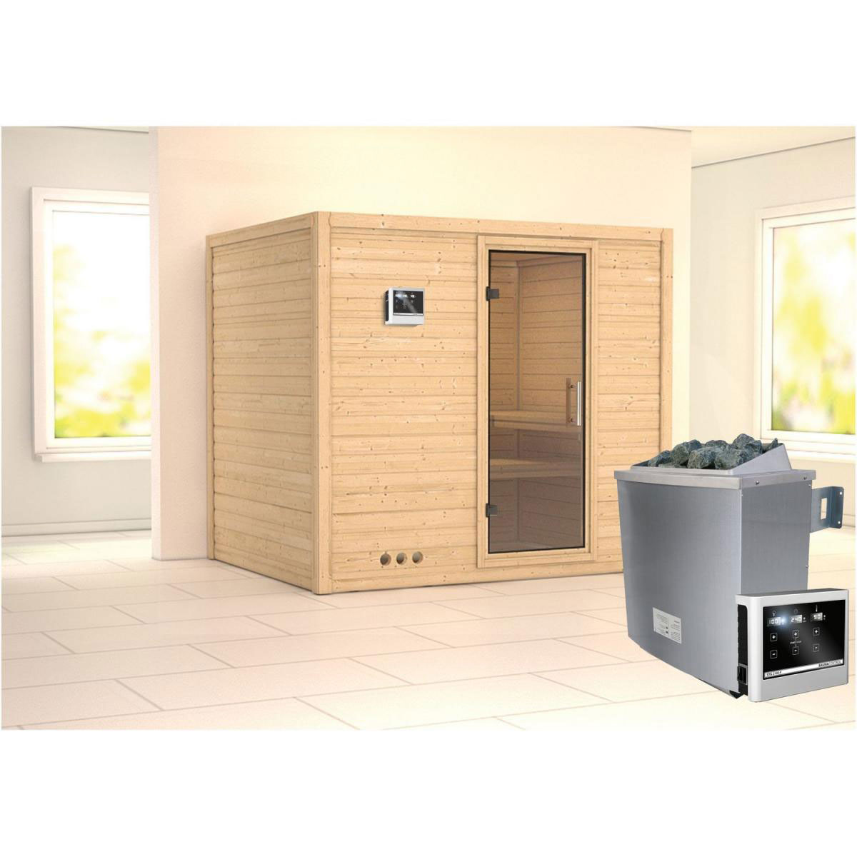 Karibu Sauna Sonara Fronteinstieg 9 kW Ofen externe Strg kein Kranz Klarglas-Tür Bild 5