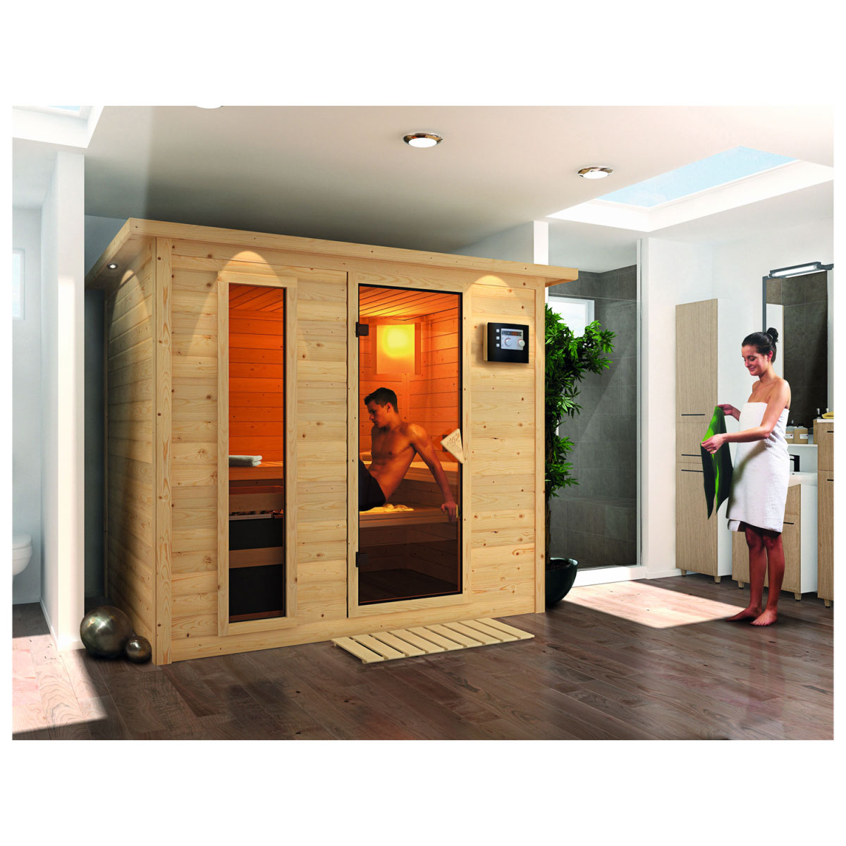 Karibu Massivholzsauna Sonara 3 40 mm 9 kW Ofen Bio externe Strg mit Kranz Bild 2