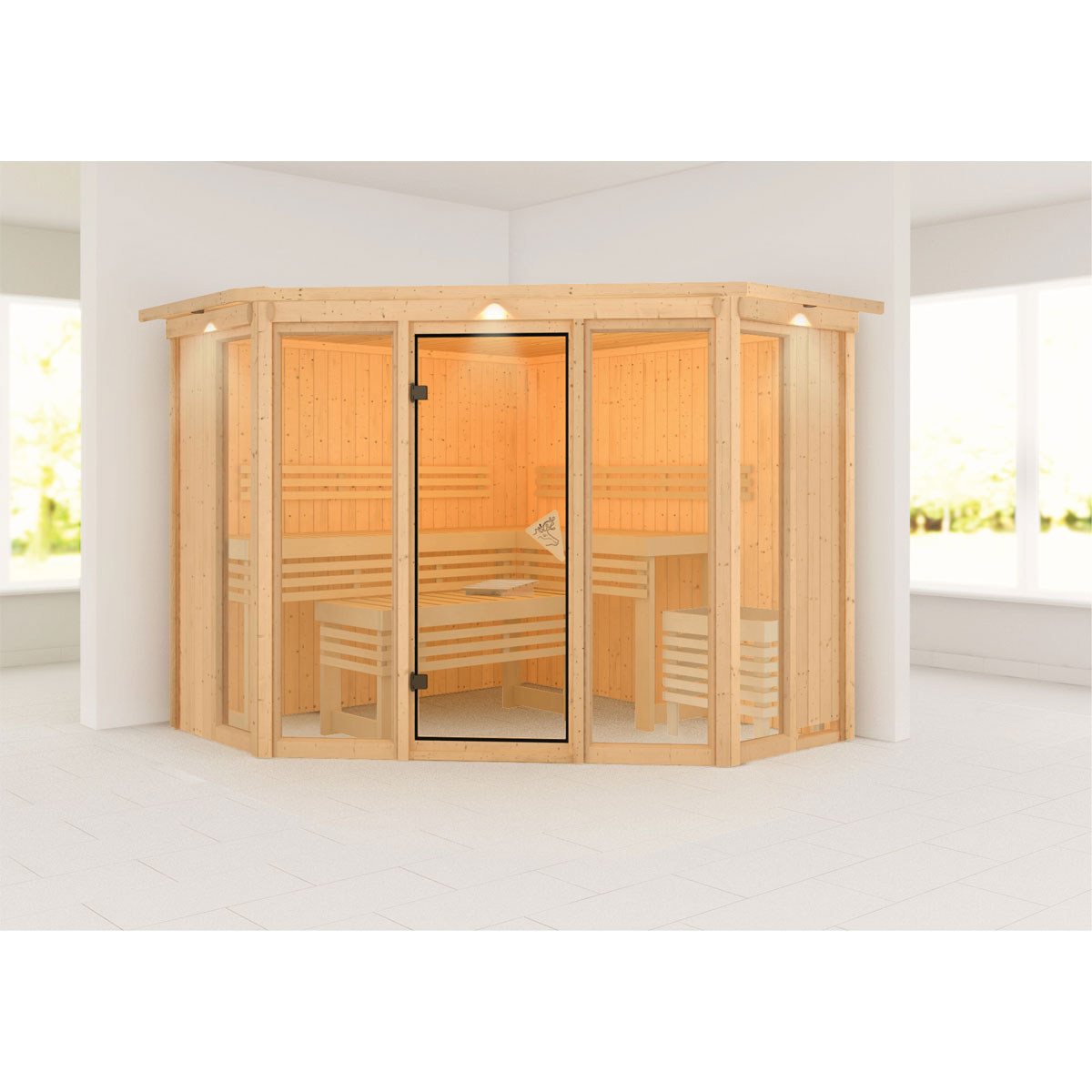 Karibu Sauna Alcinda 2 mit Kranz naturbelassen ohne Ofen