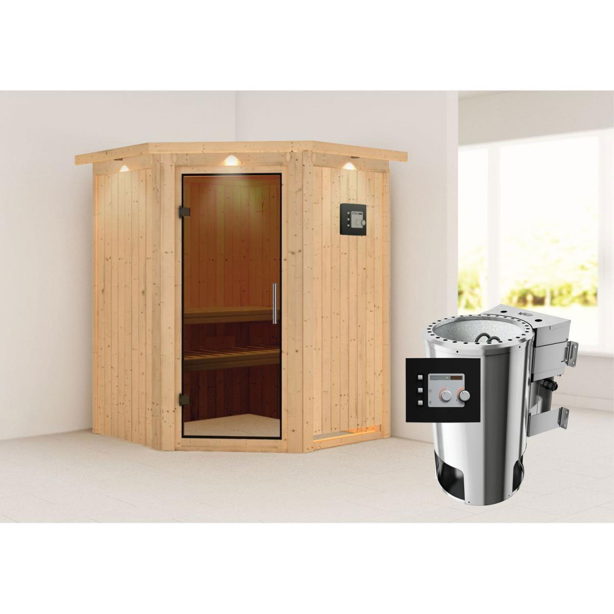 Karibu Sauna Nanja Eckeinstieg 3,6 kW Bio Ofen externe Strg modern mit Kranz graphitfarbene Glastür Bild 7