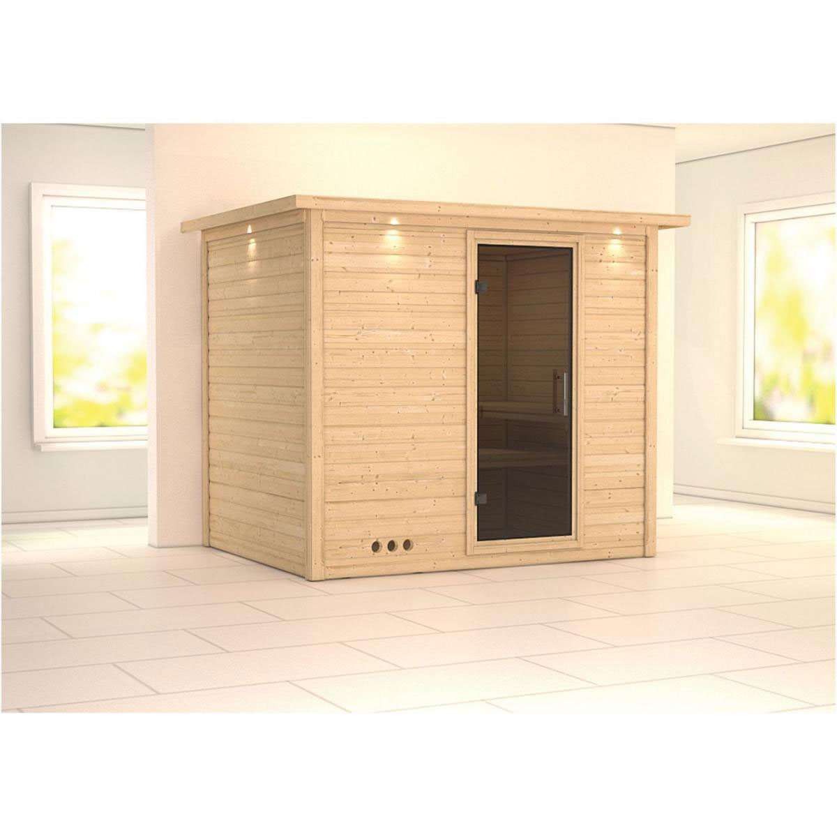 Karibu Sauna Sonara Fronteinstieg ohne Ofen Tür graphit mit Kranz