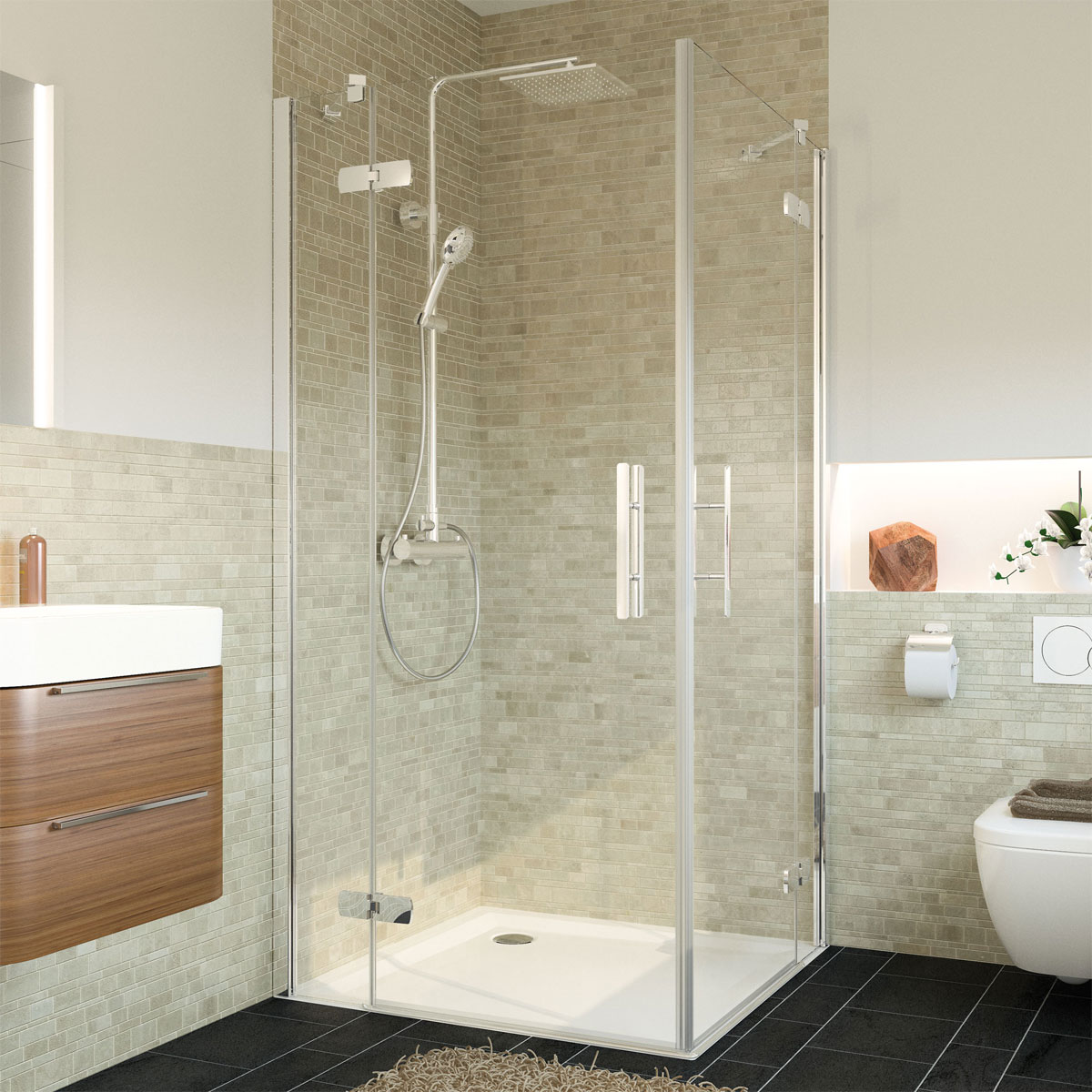 Breuer Eckeinstieg Avanta Drehtür 4-teilig alu chromeffekt Terrazzo 800/750 mm