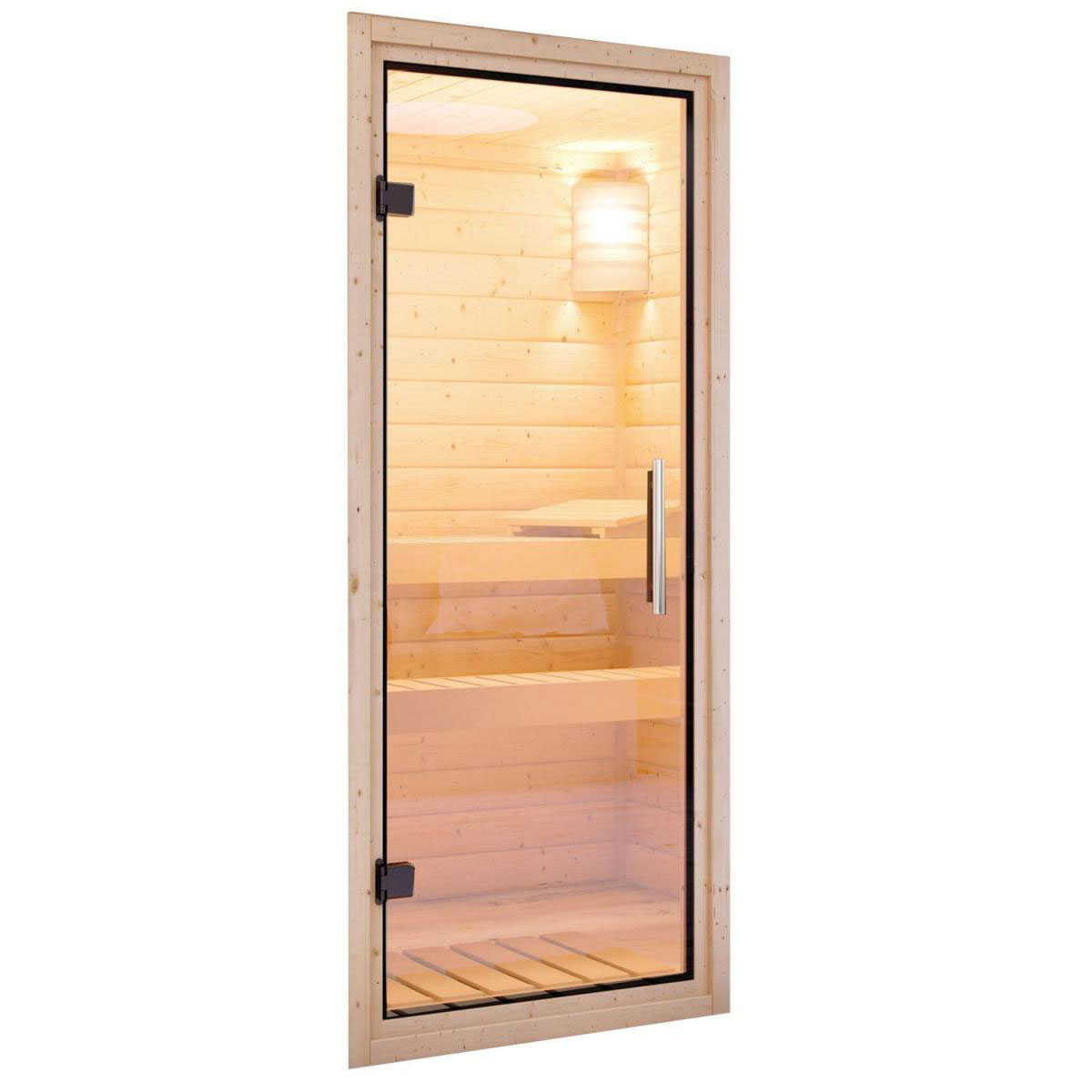Karibu Sauna Rodin Fronteinstieg 9 kW Ofen externe Strg mit Kranz Klarglas-Tür Bild 5