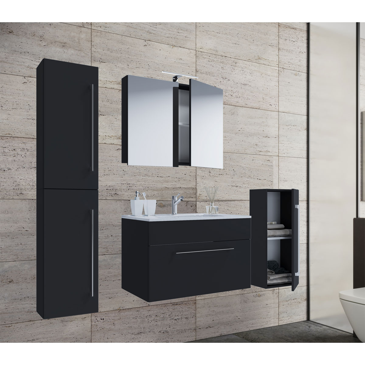 Waschplatz 60 cm 5-teiliges Set 1 Schubfach mit Spiegelschrank schwarz