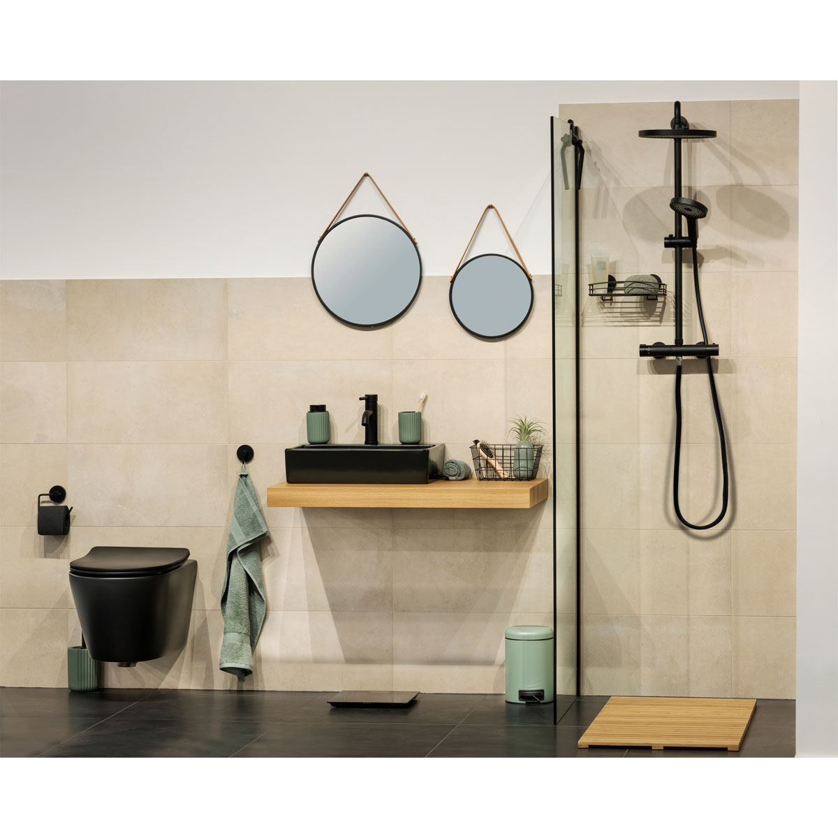 Wenko  Wandspiegel Borrone rund 30 cm schwarz mit Aufhänge-Gurt Bild 3