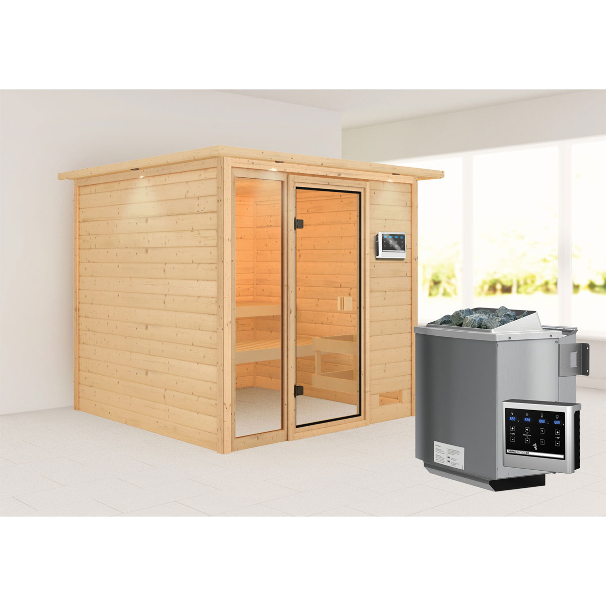 Karibu Sauna Jutta mit Kranz naturbelassen Bio externe Steuerung