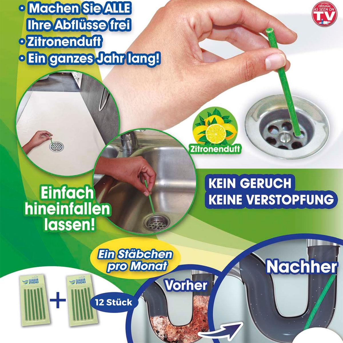 Starlyf Abflussreiniger Stäbchen Drain Sticks 12 Stück Zitronenduft Bild 2