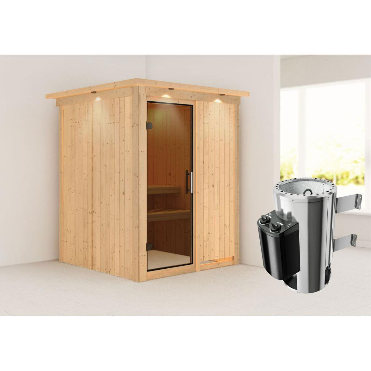 Karibu Sauna Minja Fronteinstieg 3,6 kW Ofen integr Strg mit Kranz graphitfarbene Glastür Bild 6