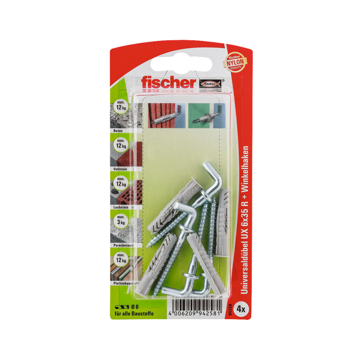 Fischer  Universaldübel UX 6 x 35 m mit Winkelhaken 4 Stück Fischer  Universaldübel UX 6 x 35 m mit Winkelhaken 4 Stück