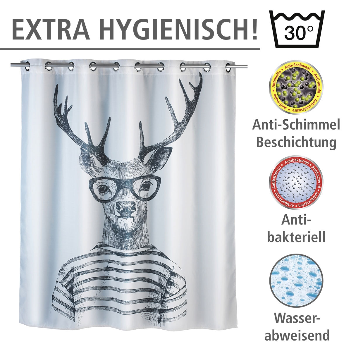 Wenko  Anti-Schimmel Duschvorhang Mr Deer Flex Textil Polyester 180 x 200 cm waschbar Bild 3