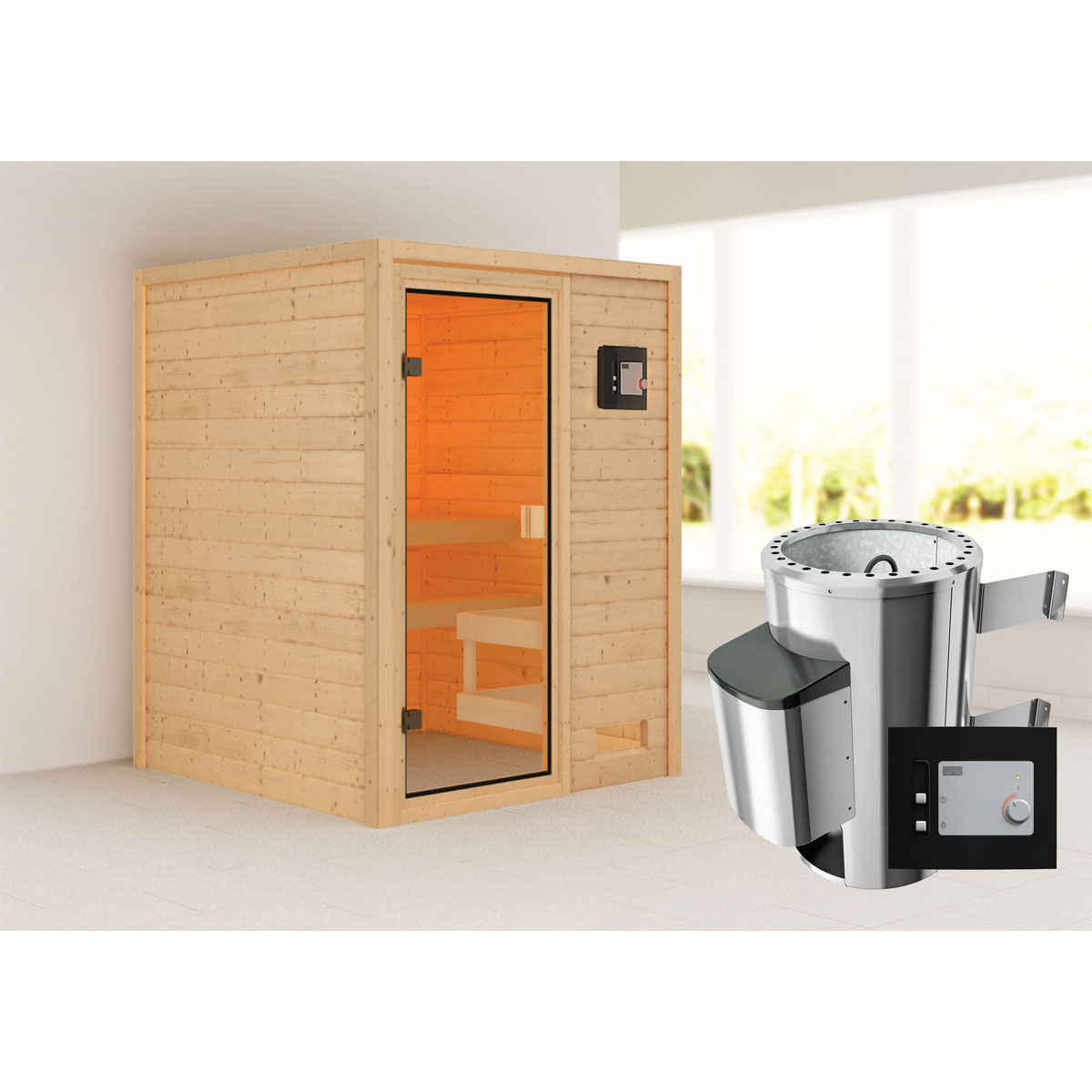 Karibu Sauna Sandra 3,6 kW naturbelassen externe Steuerung ohne Kranz