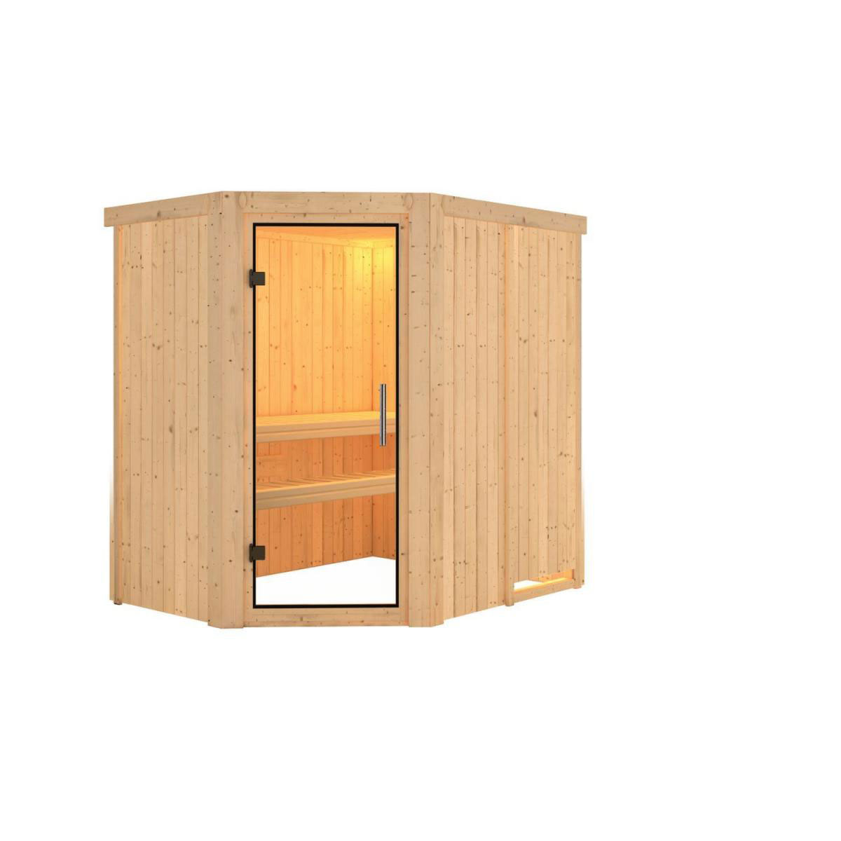Karibu Sauna Carin Eckeinstieg ohne Ofen kein Kranz satinierte Glastür Bild 1