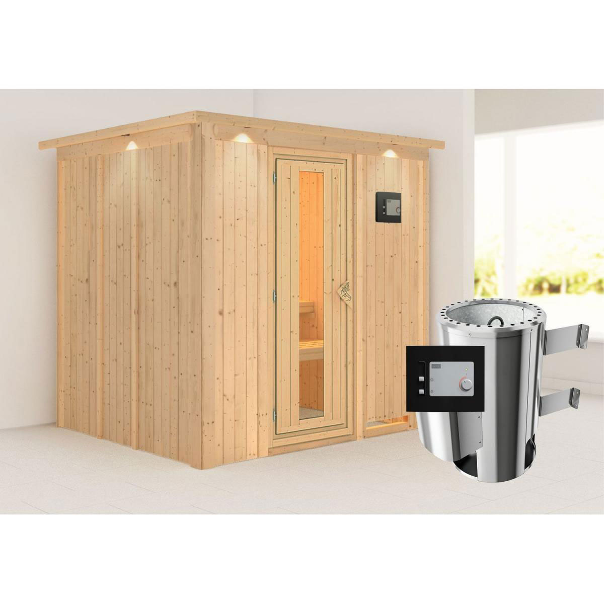 Karibu Sauna Daria Fronteinstieg 3,6 kW Ofen externe Strg mit Kranz Energiespartür Bild 7